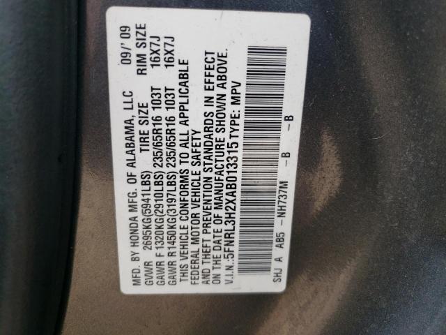 5FNRL3H2XAB013315 - 2010 HONDA ODYSSEY LX GRAY photo 10