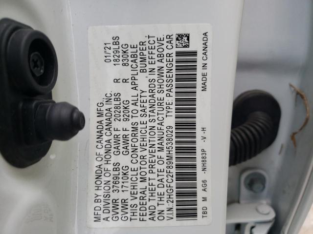 2HGFC2F89MH538029 - 2021 HONDA CIVIC SPOR WHITE photo 10