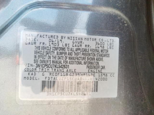 3N1CP5CU7KL542631 - 2019 NISSAN KICKS S GRAY photo 10