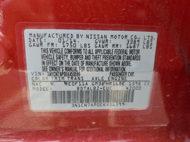 3N1CN7AP0EK456599 - 2014 NISSAN VERSA S  photo 10