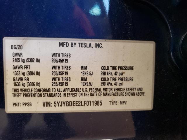 5YJYGDEE2LF011985 - 2020 TESLA MODEL Y أزرق صورة 10