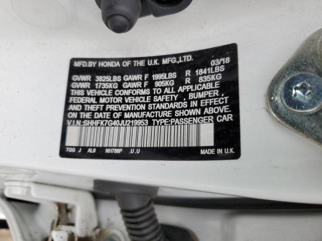SHHFK7G40JU219953 - 2018 HONDA CIVIC SPOR WHITE photo 10