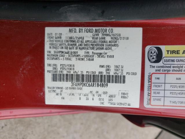 3FAHP0KC6AR184809 - 2010 FORD FUSION SPO RED photo 10