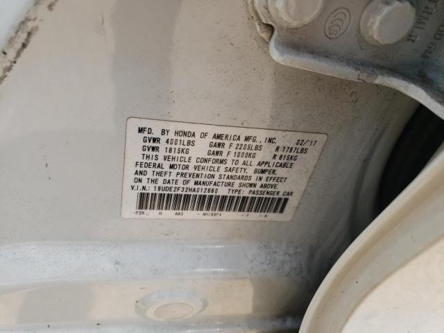 19UDE2F32HA012660 - 2017 ACURA ILX BASE W أبيض صورة 10