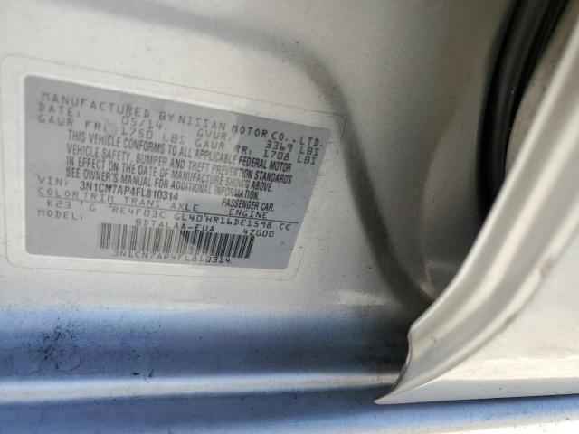 3N1CN7AP4FL810314 - 2015 NISSAN VERSA S/S SILVER photo 10