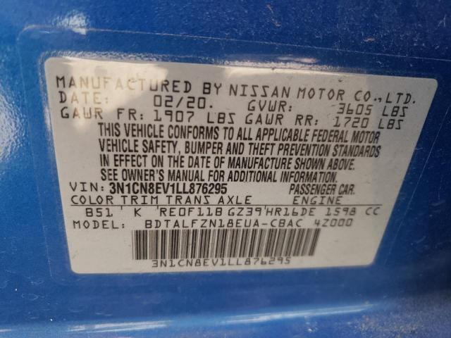 3N1CN8EV1LL876295 - 2020 NISSAN VERSA SV BLUE photo 10