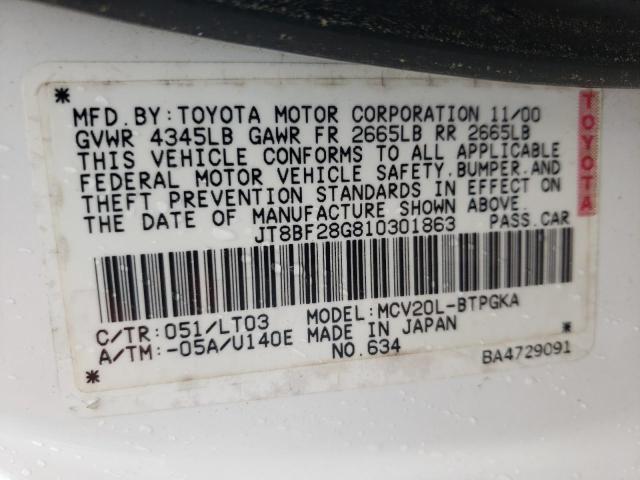 JT8BF28G810301863 - 2001 LEXUS ES 300 WHITE photo 10