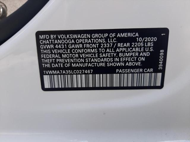 1VWMA7A35LC027467 - 2020 VOLKSWAGEN PASSAT R-L WHITE photo 10