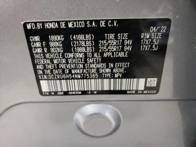 3CZRU6H54NM775365 - 2022 HONDA HR-V EX SILVER photo 10