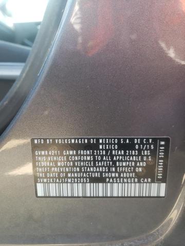 3VW2K7AJ1FM292053 - 2015 VOLKSWAGEN JETTA BASE 灰色 照片 10