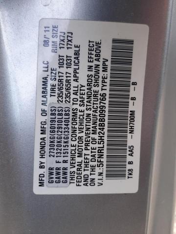 5FNRL5H24BB099766 - 2011 HONDA ODYSSEY LX SILVER photo 10