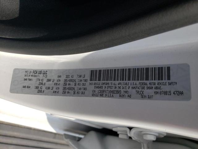 1C6SRFKT1KN923903 - 2019 RAM 1500 LONGH WHITE photo 10