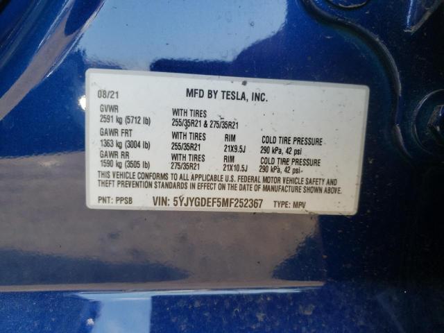 5YJYGDEF5MF252367 - 2021 TESLA MODEL Y BLUE photo 10