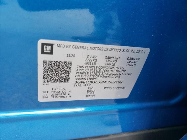 3GNKBKRS2MS527109 - 2021 CHEVROLET BLAZER RS BLUE photo 10