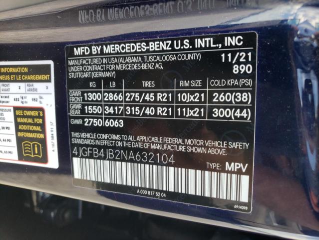 4JGFB4JB2NA632104 - 2022 MERCEDES-BENZ GLE 350 BLUE photo 10