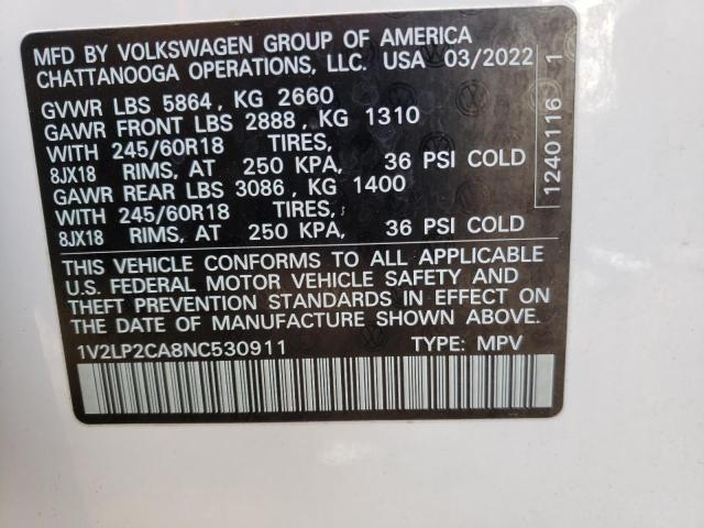 1V2LP2CA8NC530911 - 2022 VOLKSWAGEN ATLAS SE WHITE photo 10