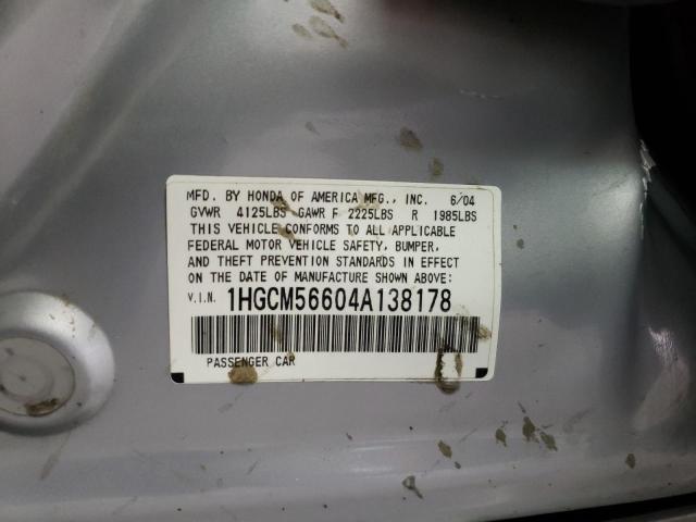 1HGCM56604A138178 - 2004 HONDA ACCORD SILVER photo 10