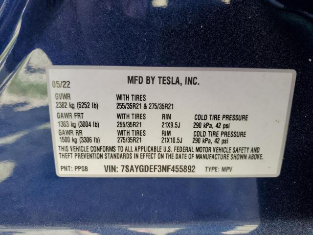 7SAYGDEF3NF455892 - 2022 TESLA MODEL Y أزرق صورة 10