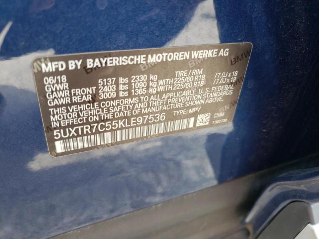 5UXTR7C55KLE97536 - 2019 BMW X3 SDRIVE3 BLUE photo 10