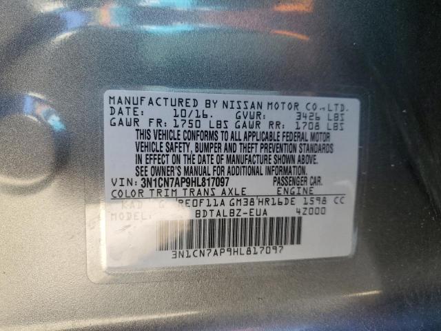 3N1CN7AP9HL817097 - 2017 NISSAN VERSA S GRAY photo 10