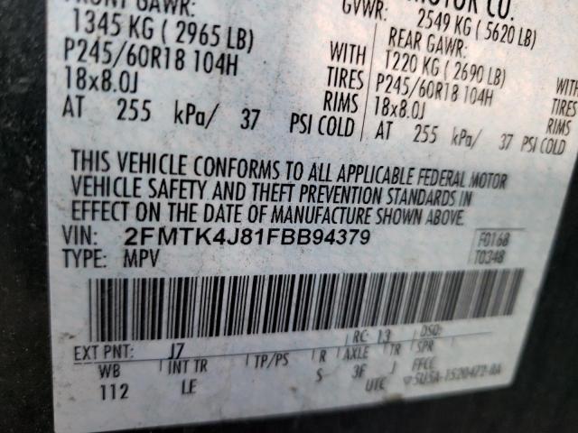 2FMTK4J81FBB94379 - 2015 FORD EDGE SEL GRAY photo 10