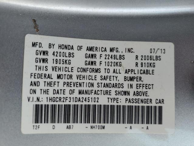 1HGCR2F31DA245102 - 2013 HONDA ACCORD LX SILVER photo 10