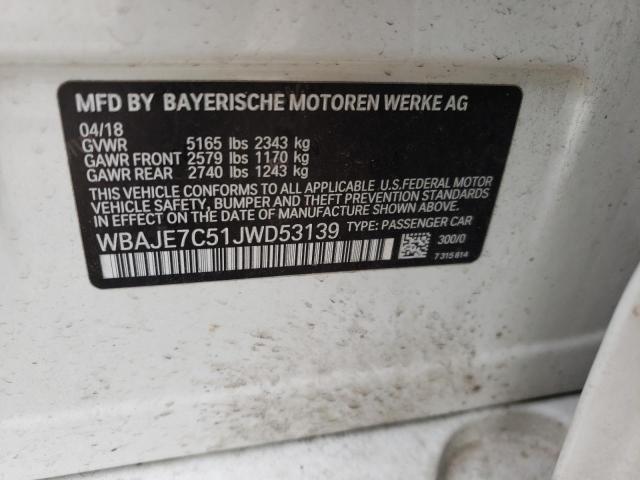 WBAJE7C51JWD53139 - 2018 BMW 540 XI WHITE photo 10