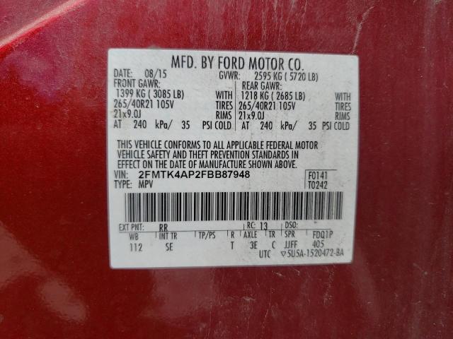 2FMTK4AP2FBB87948 - 2015 FORD EDGE SPORT RED photo 10