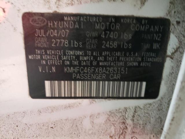 KMHFC46FX8A263151 - 2008 HYUNDAI AZERA SE WHITE photo 10