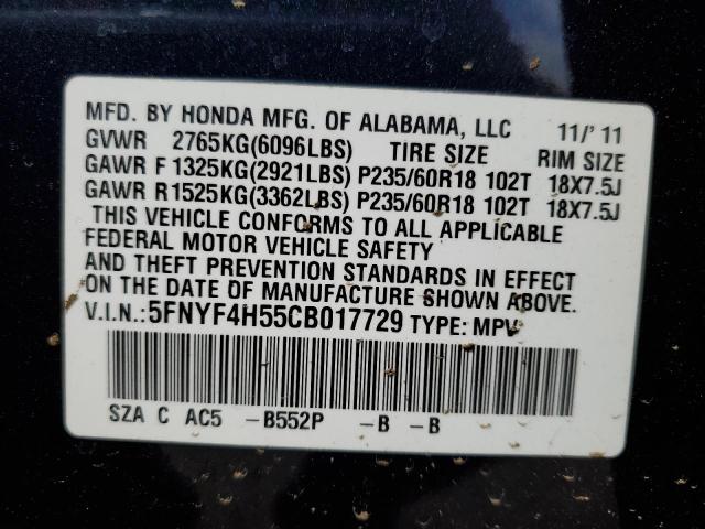 5FNYF4H55CB017729 - 2012 HONDA PILOT BLUE photo 10