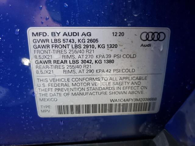 WA1C4AFY3M2038668 - 2021 AUDI SQ5 PRESTI BLUE photo 10