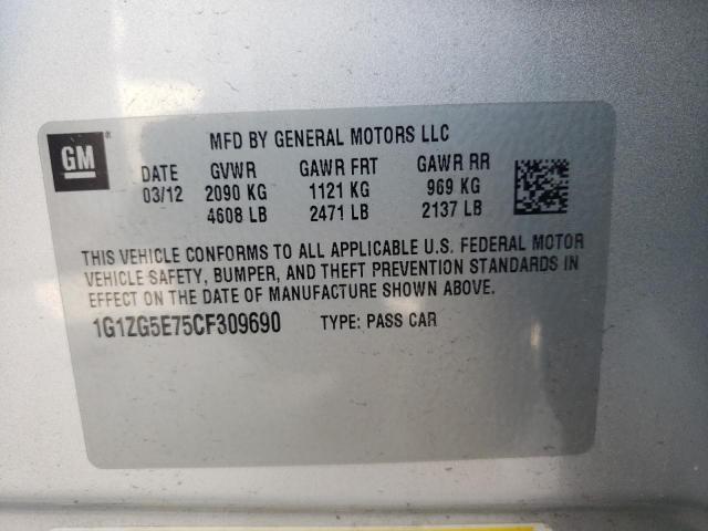 1G1ZG5E75CF309690 - 2012 CHEVROLET MALIBU LTZ ვერცხლისფერი ფოტო 10