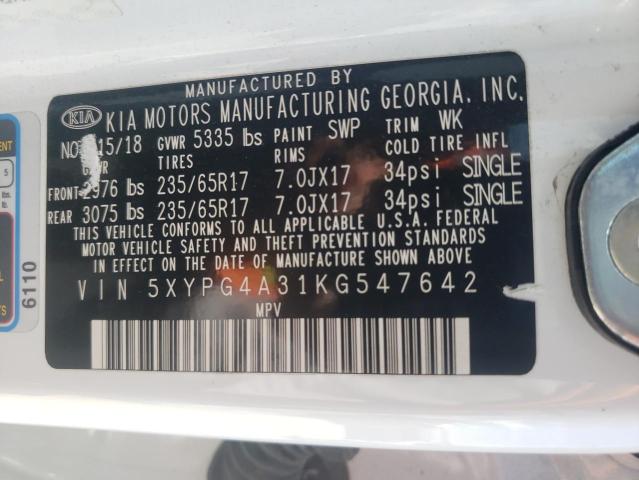 5XYPG4A31KG547642 - 2019 KIA SORENTO L WHITE photo 10