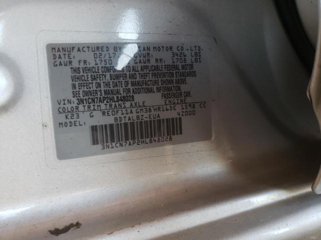 3N1CN7AP2HL848028 - 2017 NISSAN VERSA S SILVER photo 10