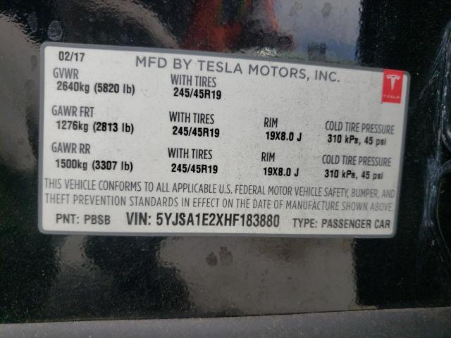 5YJSA1E2XHF183880 - 2017 TESLA MODEL S Սև լուսանկար 10