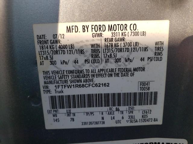 1FTFW1R68CFC62162 - 2012 FORD F150 SVT R SILVER photo 10