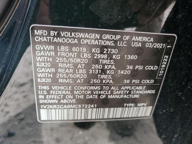 1V2KR2CA6MC572241 - 2021 VOLKSWAGEN ATLAS SE BLACK photo 10