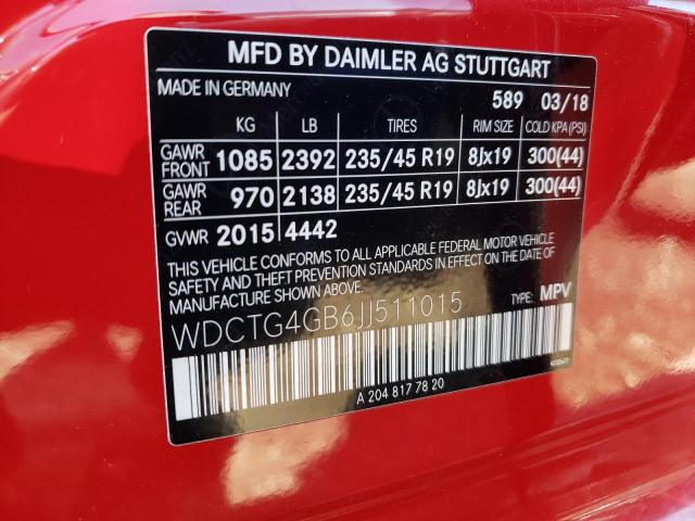 WDCTG4GB6JJ511015 - 2018 MERCEDES-BENZ GLA 250 4M RED photo 10