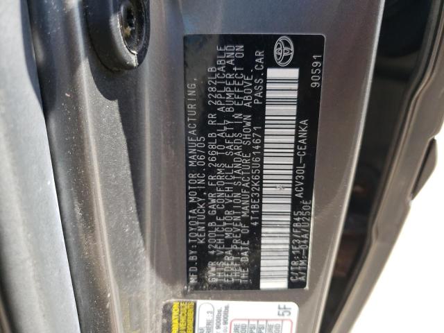 4T1BE32K65U614671 - 2005 TOYOTA CAMARY GRAY photo 10