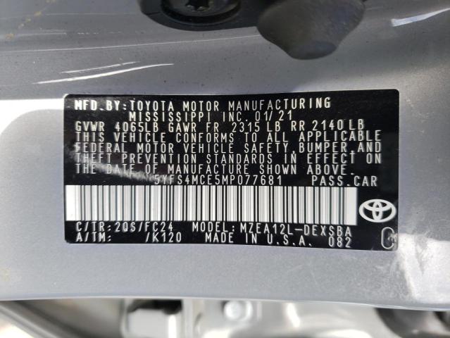 5YFS4MCE5MP077681 - 2021 TOYOTA COROLLA SE SILVER photo 10