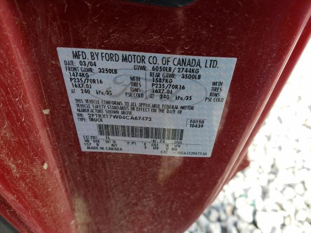 2FTRX17W04CA67473 - 2004 FORD F-150 HERI RED photo 10