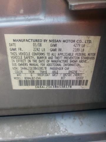 1N4AL21E38N538178 - 2008 NISSAN ALTIMA GRAY photo 10