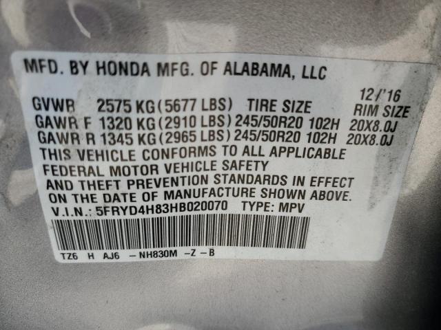 5FRYD4H83HB020070 - 2017 ACURA MDX ADVANC SILVER photo 10