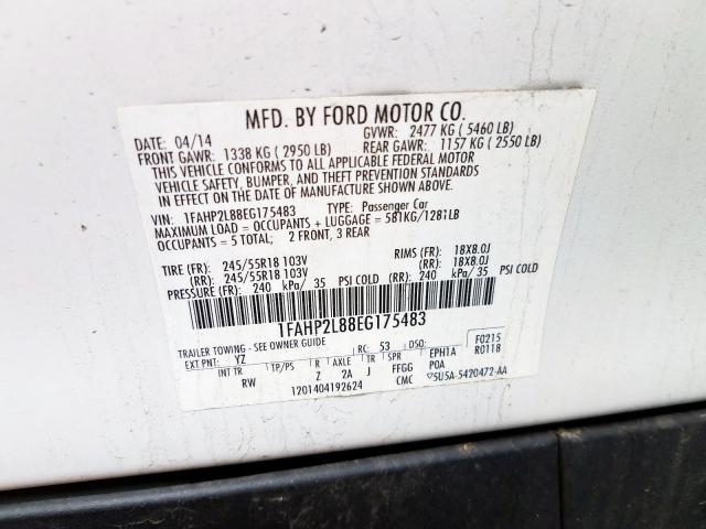 1FAHP2L88EG175483 - 2014 FORD TAURUS POL WHITE photo 10