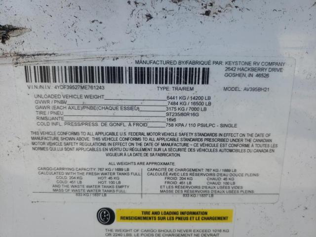 4YDF39527ME761243 - 2021 KEYSTONE AVALANCHE თეთრი ფოტო 10