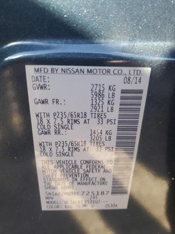 5N1AR2MN9EC725187 - 2014 NISSAN PATHFINDER 蓝色 照片 10