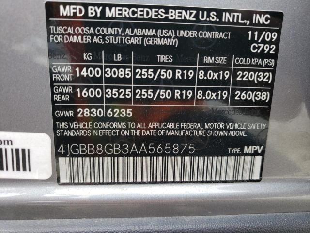 4JGBB8GB3AA565875 - 2010 MERCEDES-BENZ ML 350 4MA SILVER photo 10