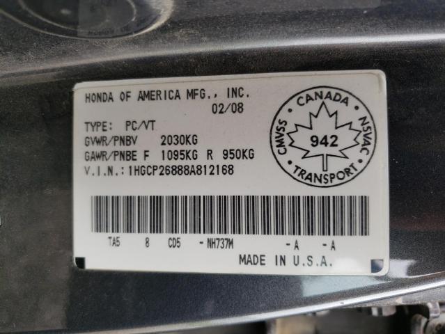 1HGCP26888A812168 - 2008 HONDA ACCORD EXL GRAY photo 10