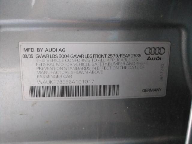 WAUKF78E56A101017 - 2006 AUDI A4 2.0T AV GRAY photo 10