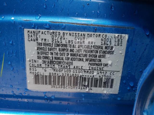 3N1AB8CV0MY314816 - 2021 NISSAN SENTRA SV BLUE photo 10